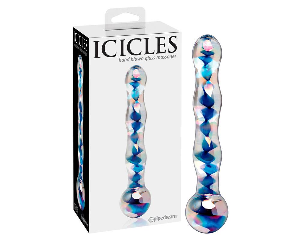  Icicles No. 08 - hullámos, kétvégű, üveg dildó (áttetsző-kék) akciós termékkép 1