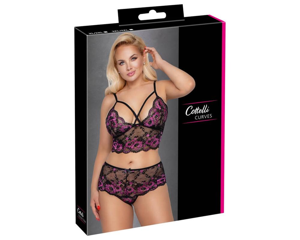  Cottelli Plus Size - virágos melltartó szett (fekete-lila) akciós termékkép 1