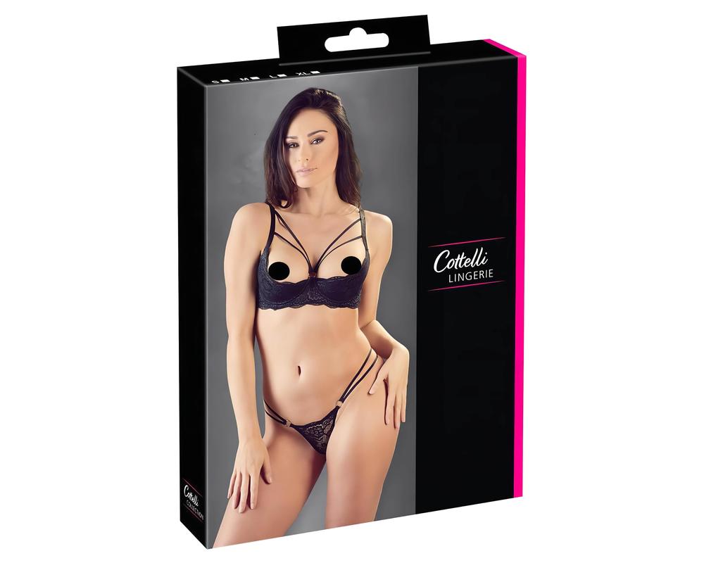  Cottelli - pántos, gyűrűs mellemelő és tanga (fekete) akciós termékkép 1